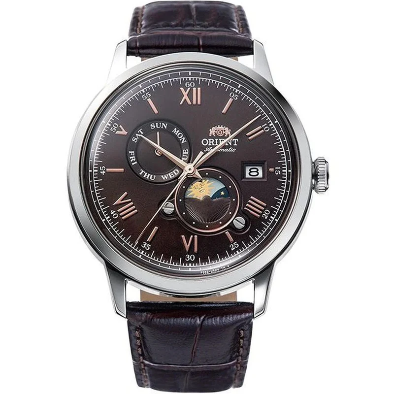 Orient Bambino 41.5mm Sun & Moon Brown Dial Leather Mens Automatic Watch RA-AK0804Y30B
