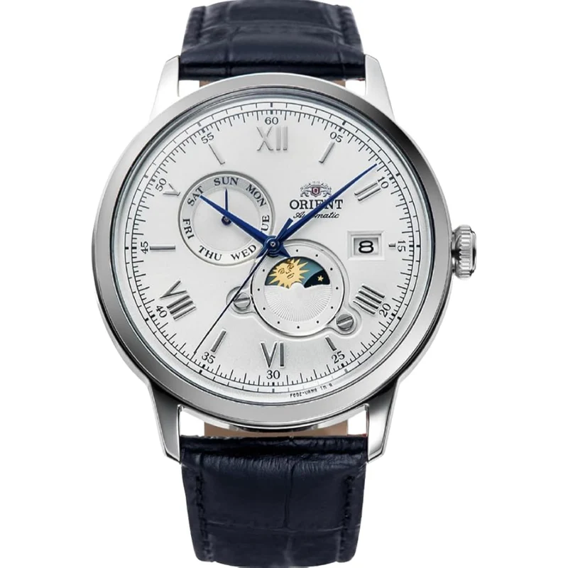 Orient Bambino 41.5mm Sun & Moon Silver Dial Leather Automatic Mens Watch RA-AK0802S30B