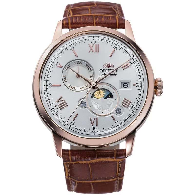 Orient Bambino 41mm Sun & Moon Silver Dial Leather Automatic Mens Watch RA-AK0801S30B