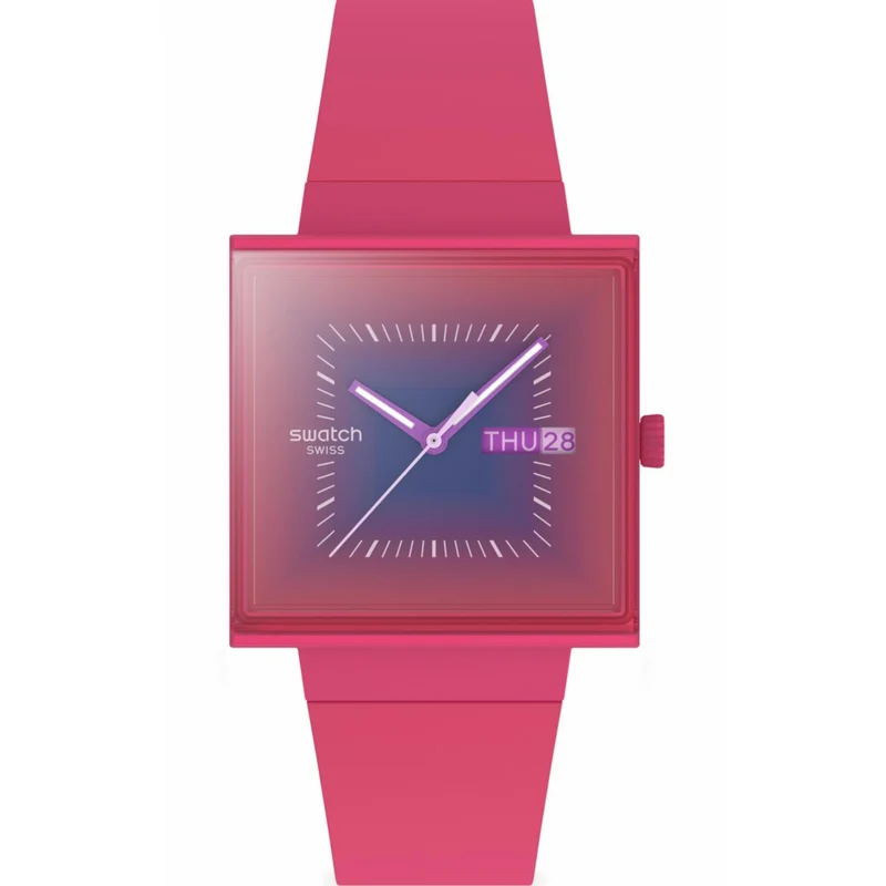 Swatch Squarely Berry Pink Dial Silicone Strap Watch SO34R700