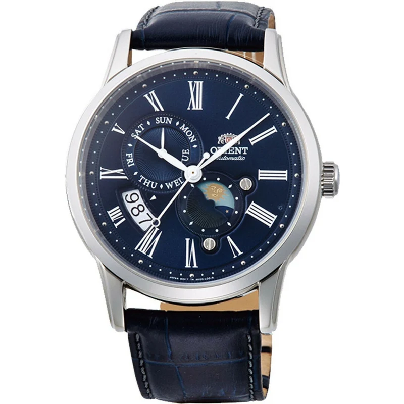 Orient Sun and Moon 42.5mm Blue Dial Leather Mens Automatic Watch RA-AK0011D30B