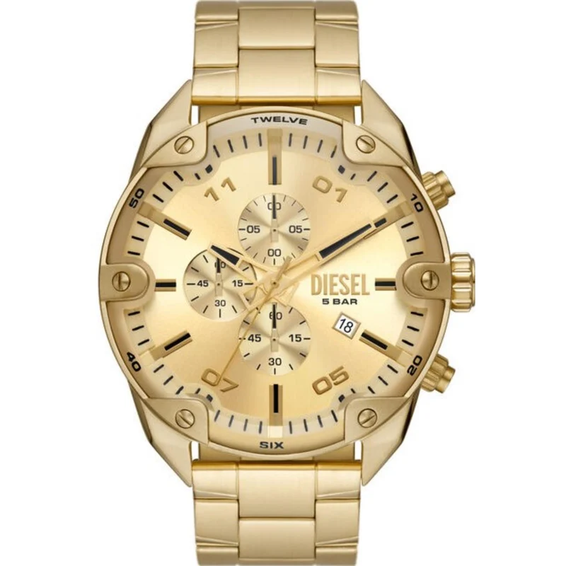Diesel Spiked 49mm Chronograph Gold Dial Steel Mens Quartz Watch DZ4608