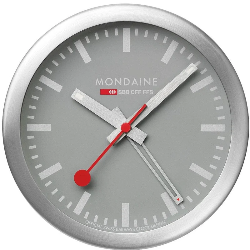 Mondaine 12.5cm Good Grey Face Aluminium Cae Quartz Table and Alarm Clock A997.MCAL.86SBV.2