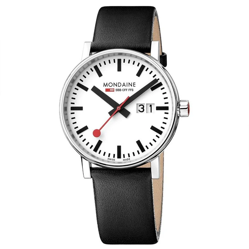 Mondaine evo2 Big Black Leather Strap White Dial Watch MSE.40210.LB