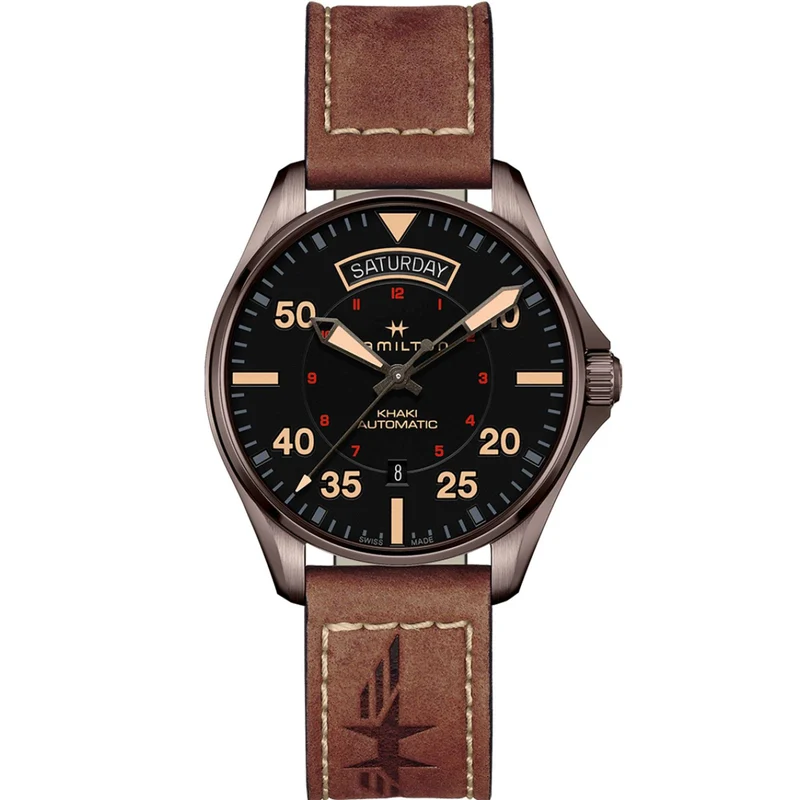 Hamilton Khaki Aviation 42mm Black Dial Leather Mens Automatic Watch H64605531