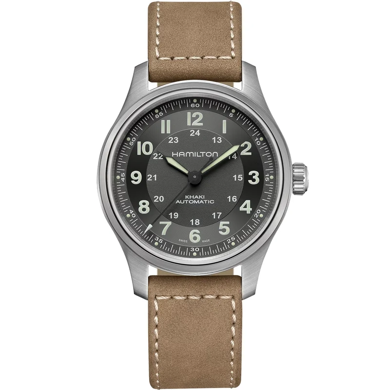 Hamilton Khaki Field 42mm Titanium Black Dial Leather Mens Automatic Watch H70545550