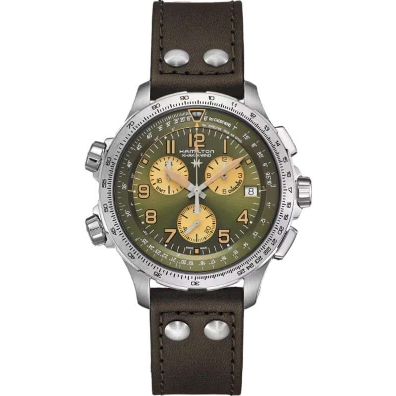 Hamilton Khaki Aviation 46mm Chronograph Green Dial Leather Mens Quartz Watch H77932560