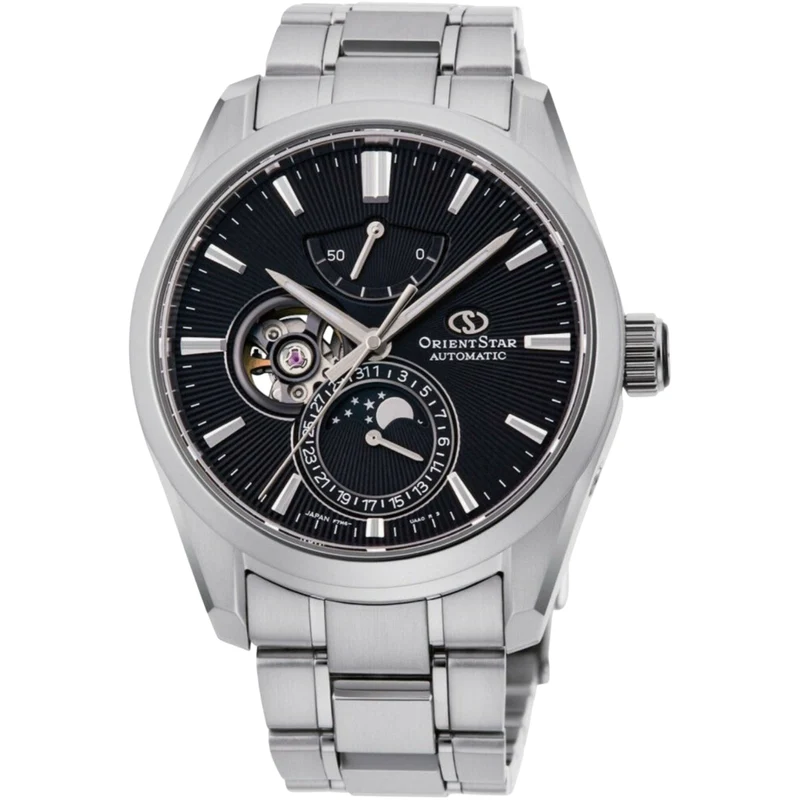 Orient Star Moon Phase 41mm Semi Skeleton Black Dial Steel Mens Automatic Watch RE-AY0001B00B