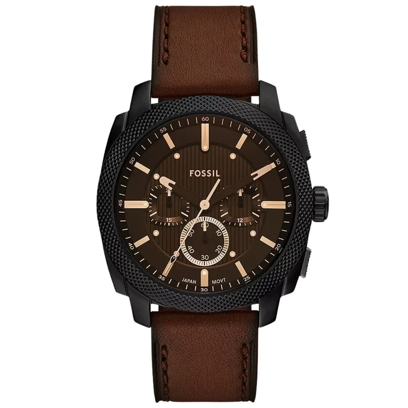 Fossil Machine 44mm Chronograph Black Dial Leather Mens Quartz Watch FS6101