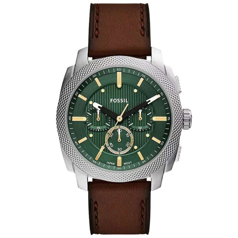 Fossil Machine 44mm Chronograph Green Dial Leather Mens Quartz Watch FS6100