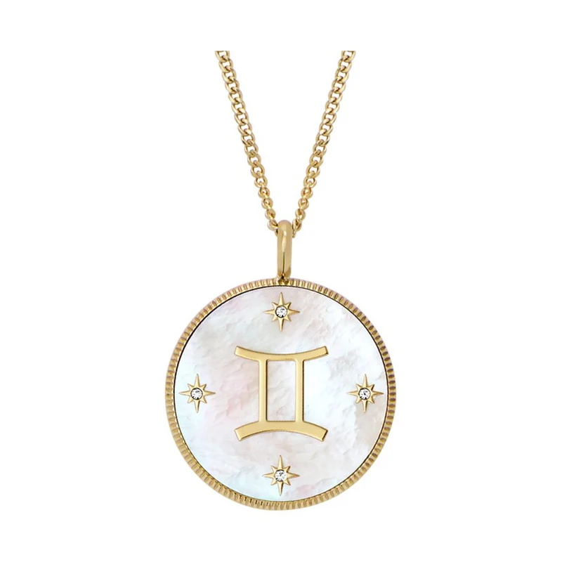 Fossil Written in the Stars Gold-Tone Stainless Steel White Mother-of-Pearl Gemini Pendant Ladies Necklace JF04840710