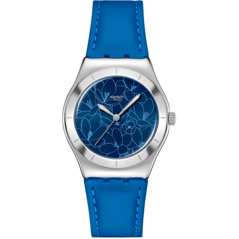 Swatch Blue Petal Promise Blue Dial Leather Strap Watch YLS235