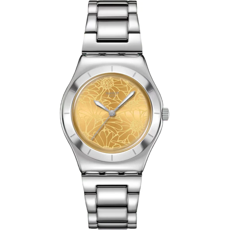 Swatch Petal Swirl Yellow Dial Steel Strap Watch YLS236G