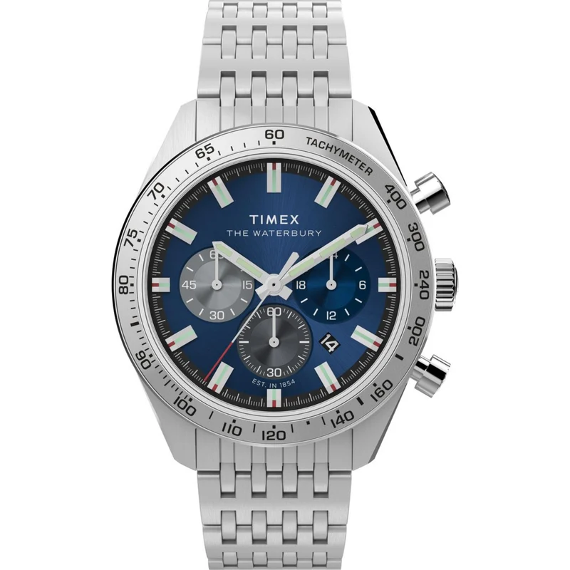 Timex Waterbury 41mm Chronograph Blue Dial Steel Mens Quartz Watch TW2Y18500