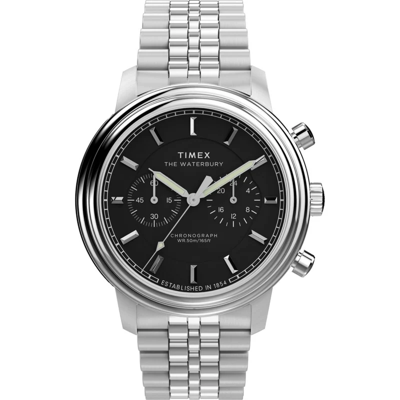 Timex Waterbury 41mm Chronograph Black Dial Steel Mens Quartz Watch TW2Y23400