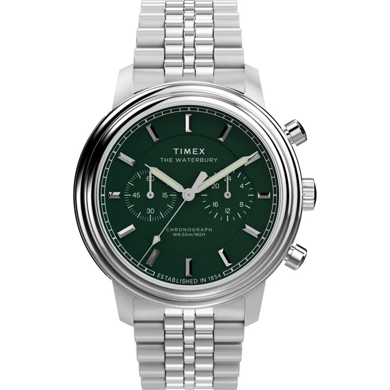 Timex Waterbury 41mm Chronograph Green Dial Steel Mens Quartz Watch TW2Y23600