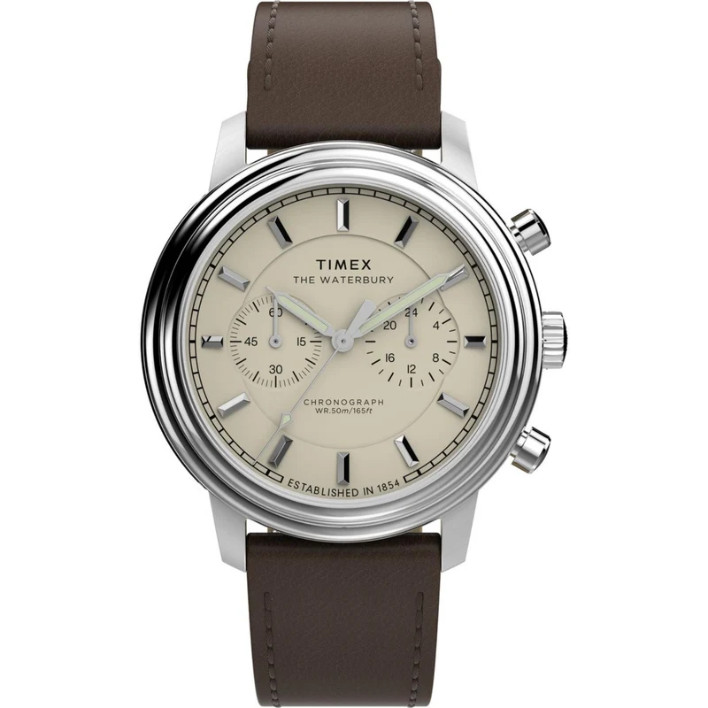 Timex Waterbury 41mm Chronograph Cream Dial Leather Mens Quartz Watch TW2Y23500