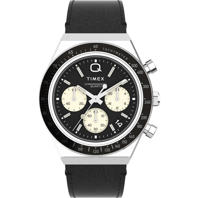 Timex Q 40mm Chronograph Black Dial Leather Mens Quartz Watch TW2V42700