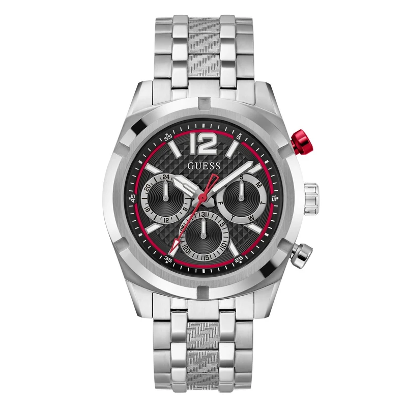 GUESS Silver Tone Multi-Function Black Dial Steel Strap Men's Watch GW0714G1