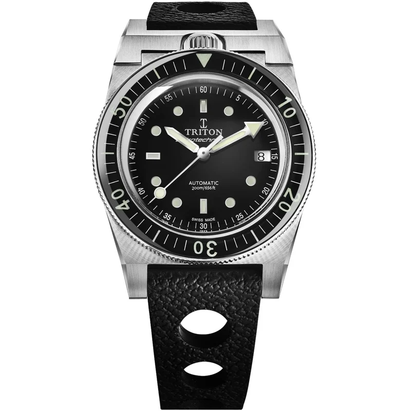Triton Spirotechnique Classic Black Dial Automatic Rubber Strap Men's Dive Watch