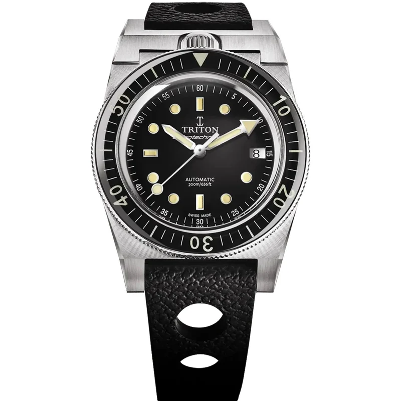 Triton Spirotechnique Sport Black Dial Automatic Rubber Strap Men's Dive Watch