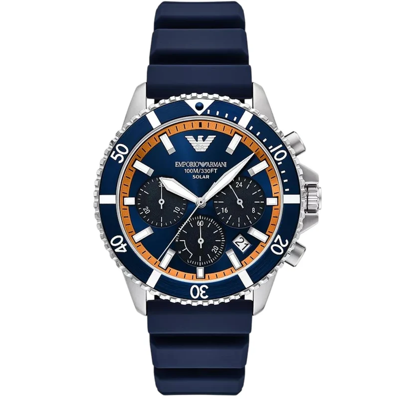 Emporio Armani World Explorer 43mm Chronograph Blue Dial Silicone Mens Solar Watch AR11696