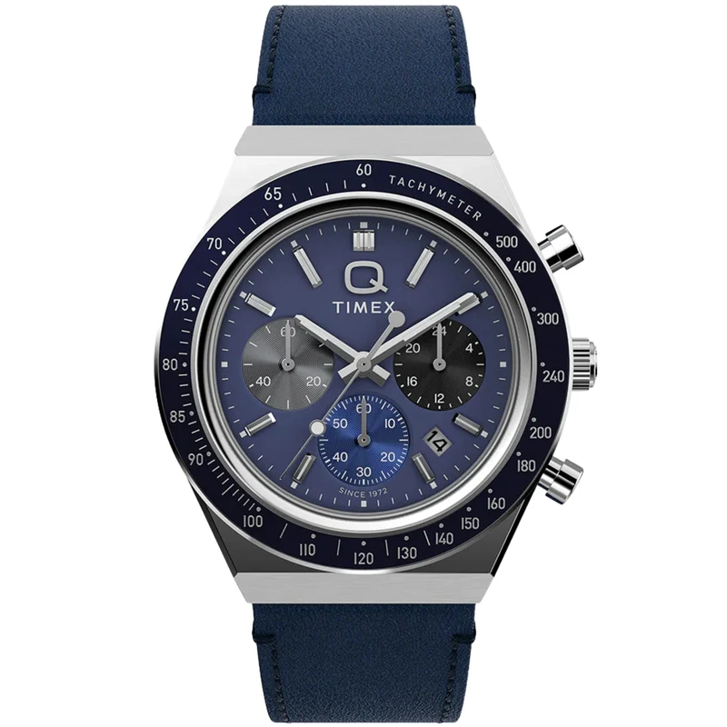 Timex Q 40mm Chronograph Blue Dial Leather Mens Quartz Watch TW2Y36100