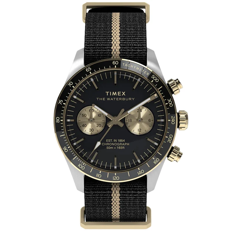 Timex Waterbury 39mm Chronograph Black Dial Fabric Mens Quartz Watch TW2Y35400