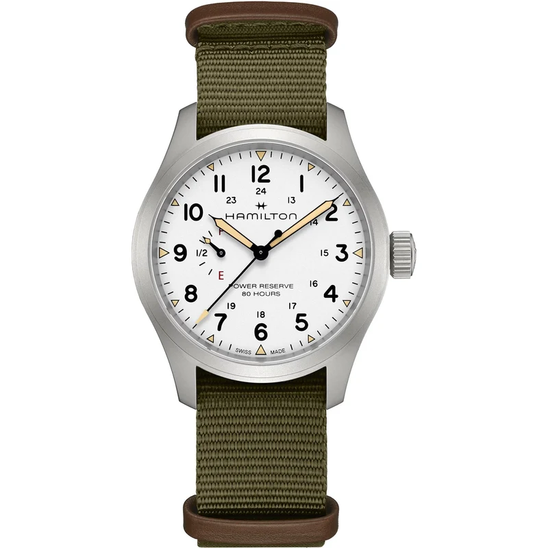 Hamilton Khaki Field 40mm Power Reserve White Dial NATO Mens Mechanical Watch H69509910
