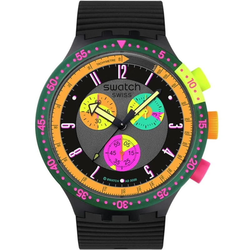 Swatch Big Bold Neon Seppia Chronograph Quartz Black Dial Silicone Strap Watch SB02B104