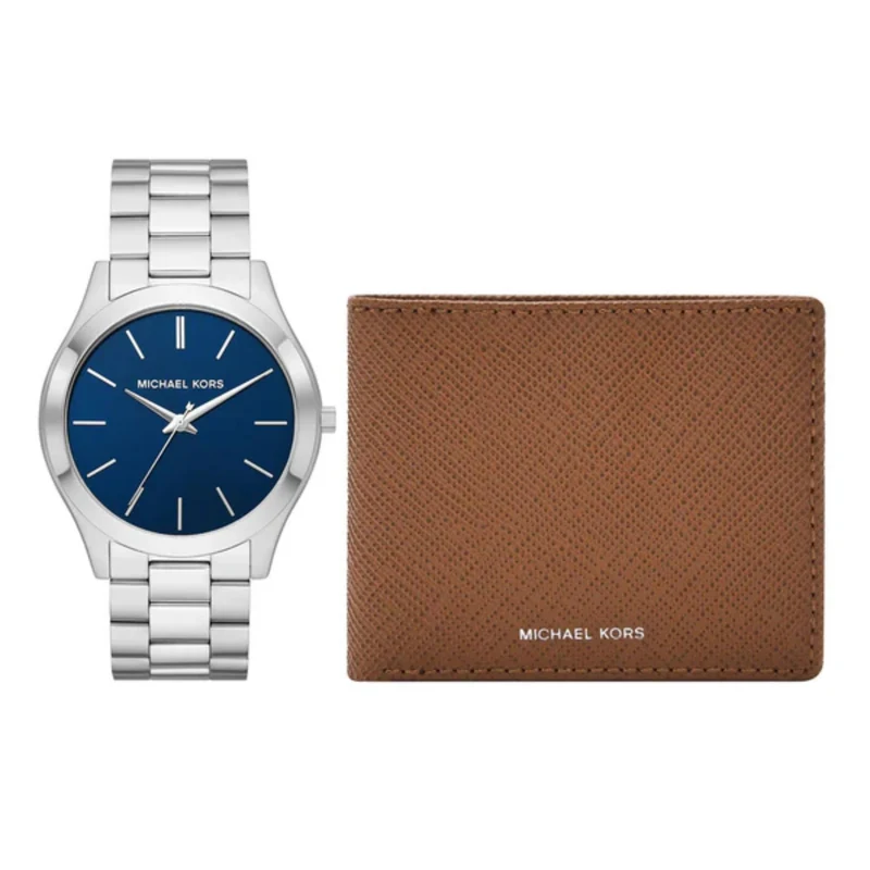Michael Kors Slim Runway Blue Dial Steel Strap Men's Watch and Saffiano Leather Wallet Gift Set MK1060SET