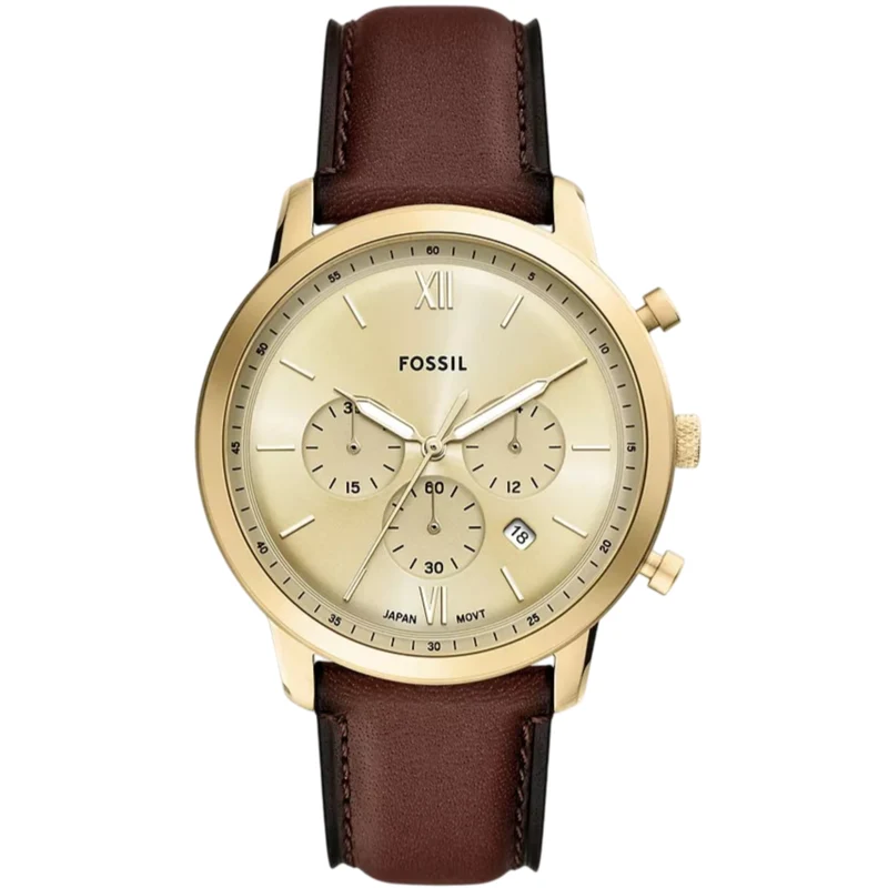 Fossil Neutra 44mm Chronograph Gold Dial Leather Mens Quartz Watch FS6113