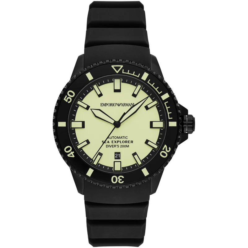 Emporio Armani Sea Explorer 42.5mm Yellow Dial Silicone Mens Automatic Watch AR60085