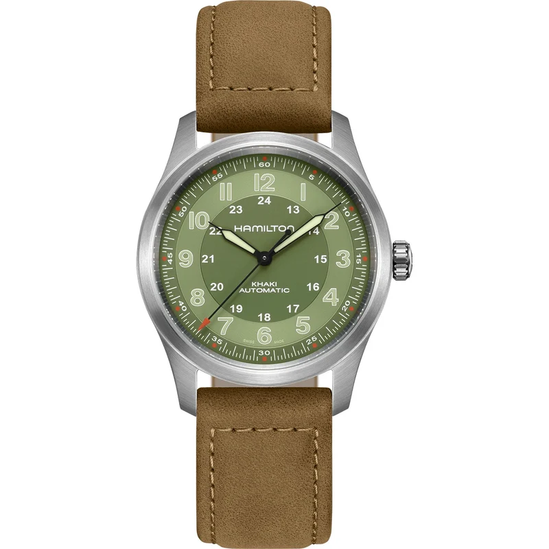 Hamilton Khaki Field 38mm Titanium Green Dial Leather Mens Automatic Watch H70205860