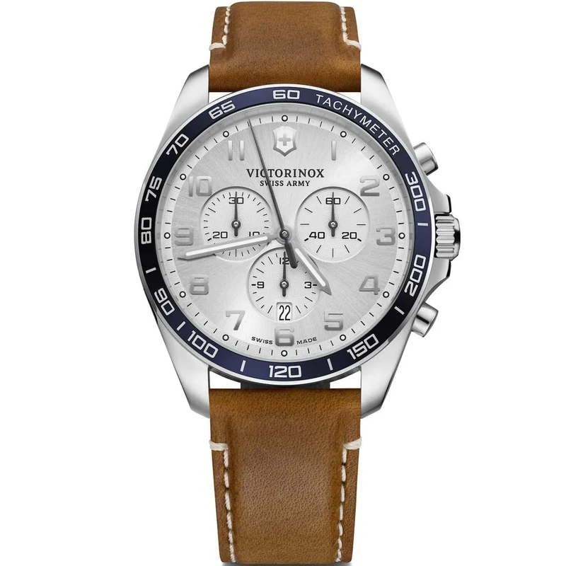 Victorinox FieldForce 42mm Chronograph Silver Dial Leather Mens Quartz Watch 241900