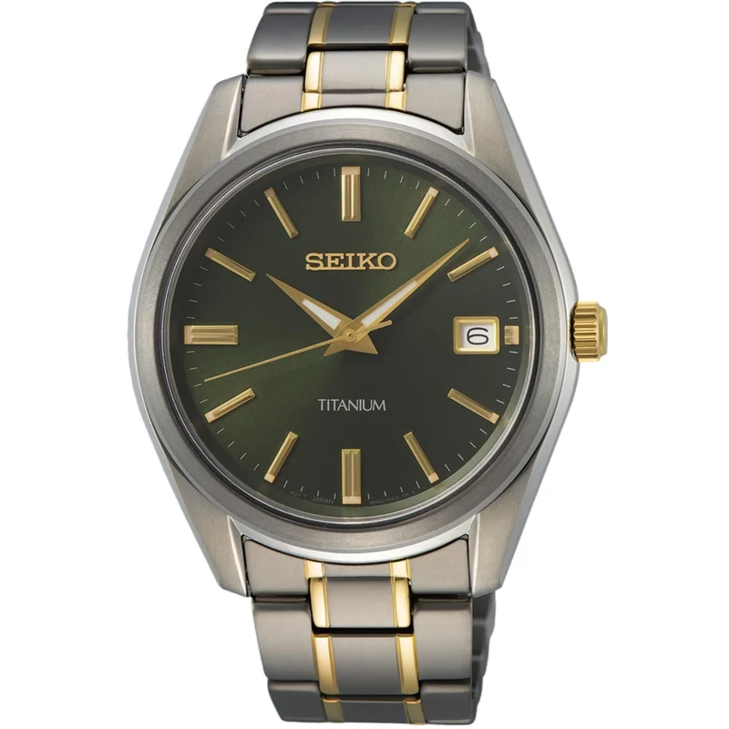 Seiko Essentials 40mm Green Dial Titanium Mens Quartz Watch SUR377P1