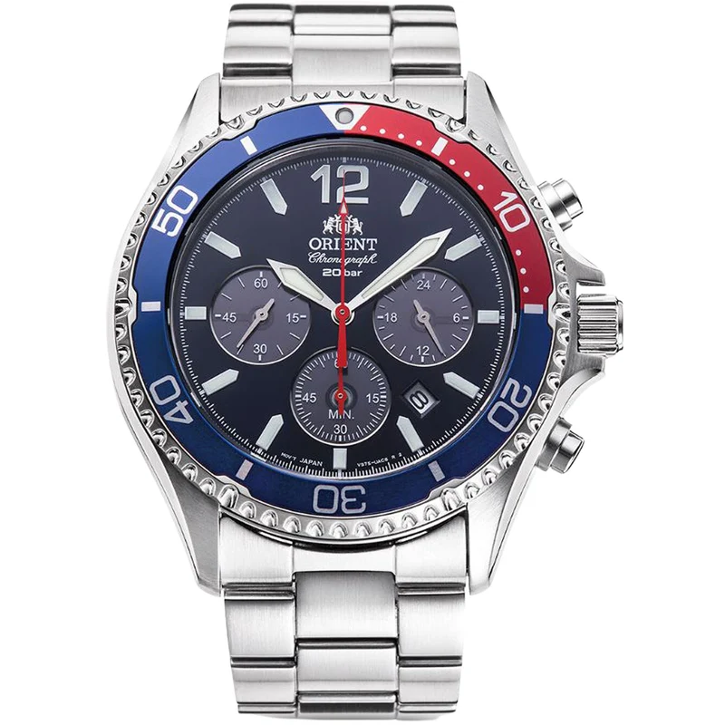 Orient Mako 43mm Solar Chronograph Blue Dial Steel Mens Quartz Watch RA-TX0201L10B