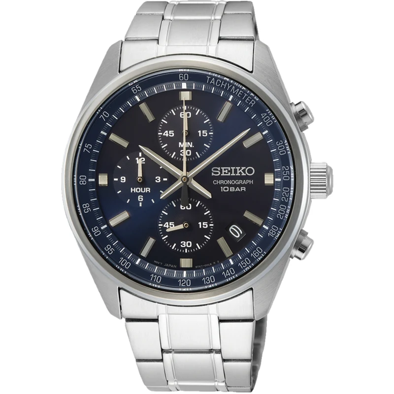 Seiko Essentials 41.5mm Chronograph Blue Dial Steel Mens Quartz Watch SSB377P1