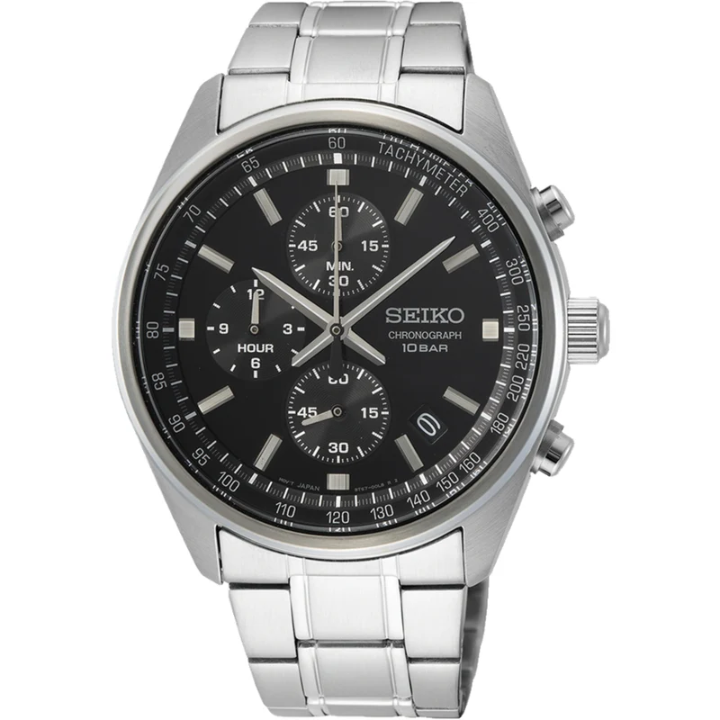 Seiko Essentials 41.5mm Chronograph Black Dial Steel Mens Quartz Watch SSB379P1