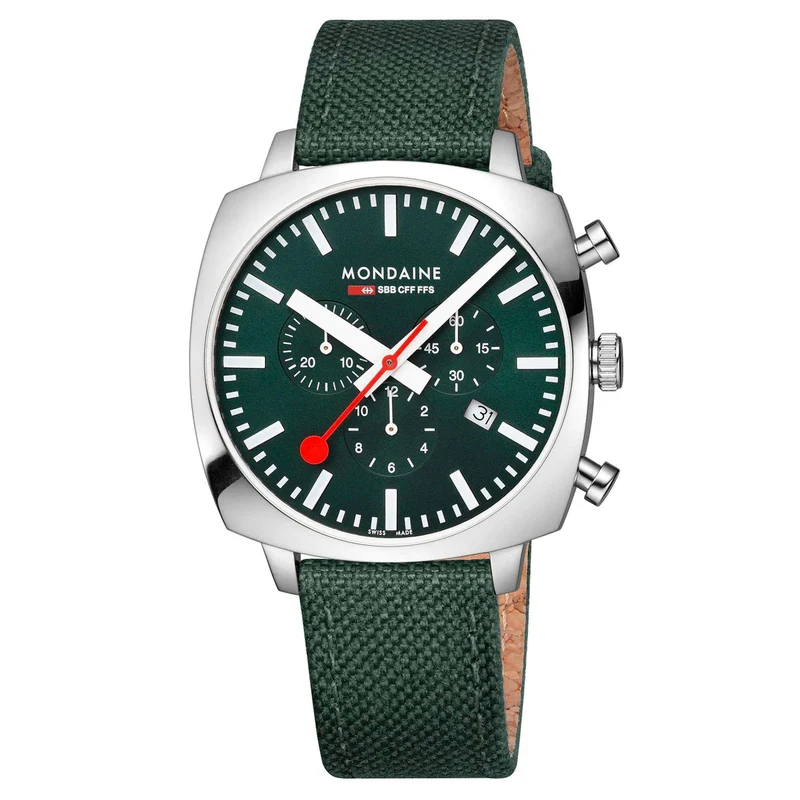 Mondaine Cushion 41mm Chronograph Green Dial Textile Mens Quartz Watch MSL.41460.LF.SET