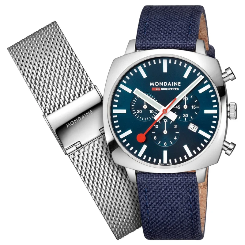 Mondaine Grand Cushion Square Blue Dial Textile Strap Watch MSL.41440.LD.SET
