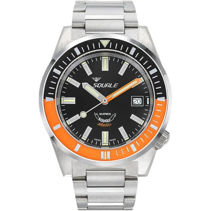Squale Matic Satin Orange Automatic Black Dial Steel Strap Men's Watch MATICXSC.SQ22B