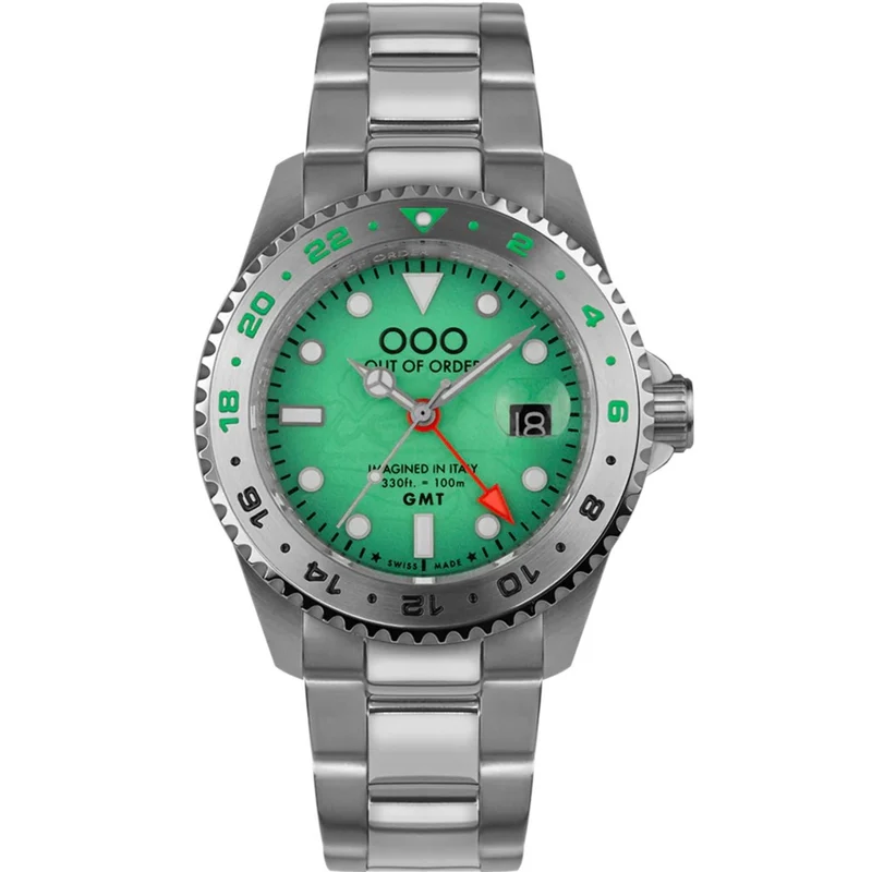 Out of Order Swiss GMT Venezia Ultra Brushed Green Dial Steel Strap Men's Watch OOO.001-19.VE.SS