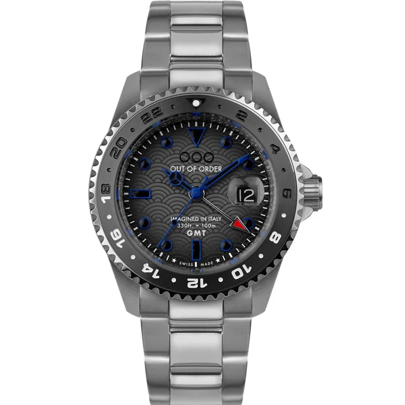Out of Order Swiss GMT Tokyo Shibuya Ultra Brushed Grey Dial Steel Strap Men's Watch OOO.001-19.TS.SS