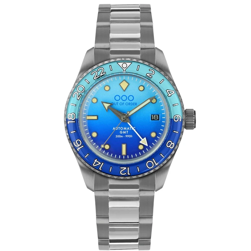 Out Of Order Bomba Blu Shaker Automatic GMT Ultra-Brushed Blue Dial Steel Strap Men's Watch OOO.001-25.BB.BAND.SS