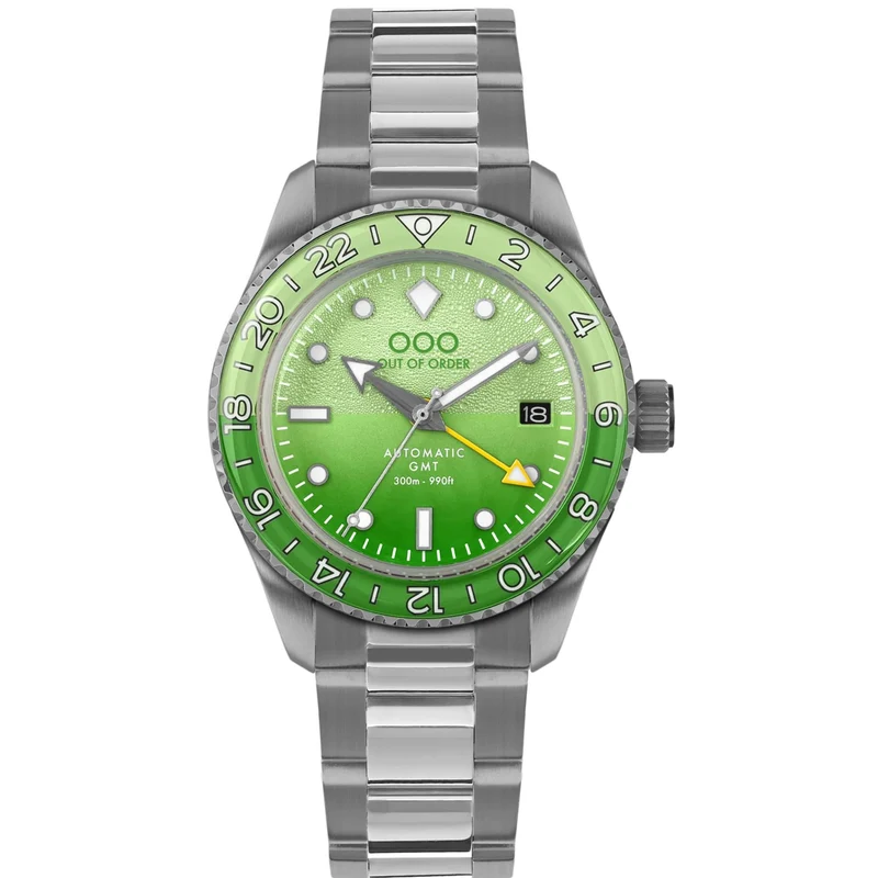 Out Of Order Midori Shaker Automatic GMT Ultra-Brushed Green Dial Steel Strap Men's Watch OOO.001-25.MI.BAND.SS