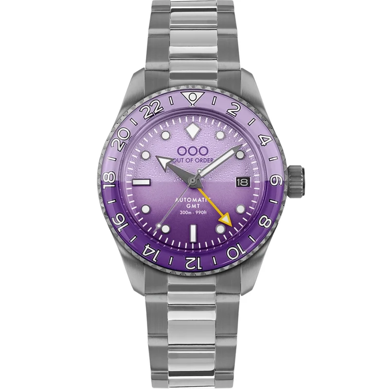 Out Of Order Shaker Automatic GMT Ultra-Brushed Purple Dial Steel Strap Men's Watch OOO.001-25.LA.BAND.SS