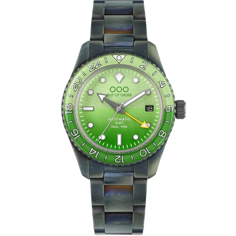 Out Of Order Midori Shaker Automatic GMT Ultra Distressed Green Dial Steel Strap Men's Watch OOO.001-25.MI.BAND
