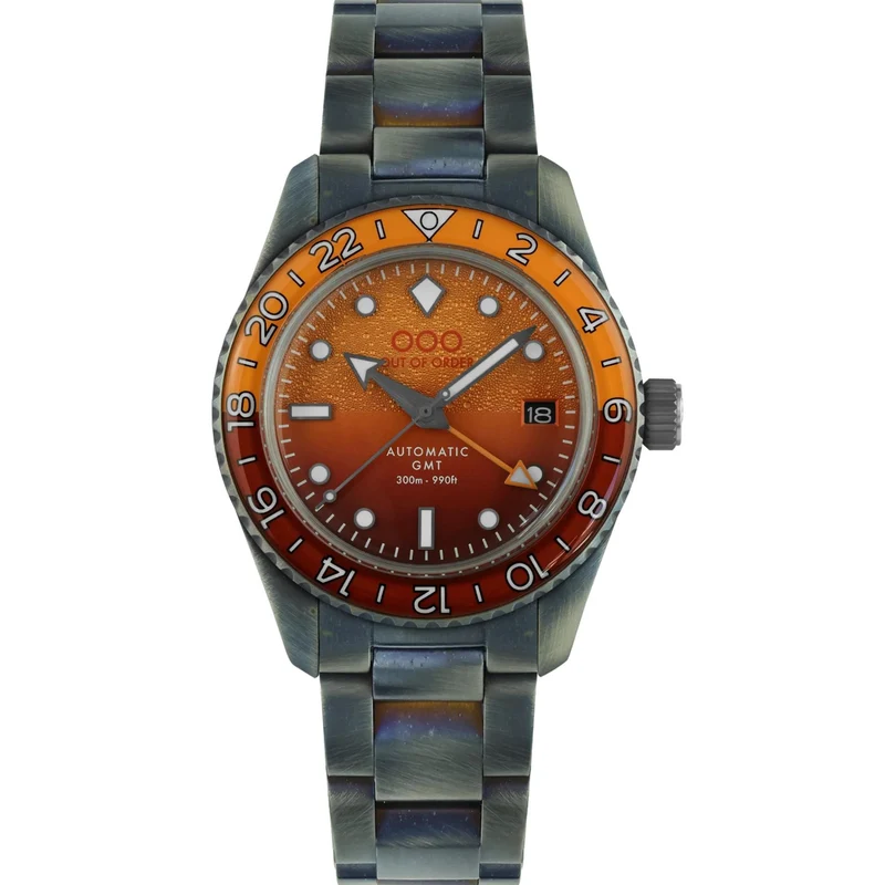 Out Of Order Negroni Shaker Automatic GMT Ultra-Distressed Orange Dial Steel Strap Men's Watch OOO.001-25.NE.BAND