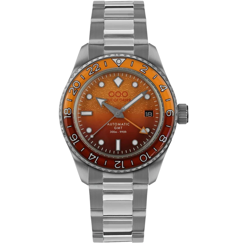 Out Of Order Negroni Shaker Automatic GMT Ultra-Brushed Orange Dial Steel Watch OOO.001-25.NE.BAND.SS